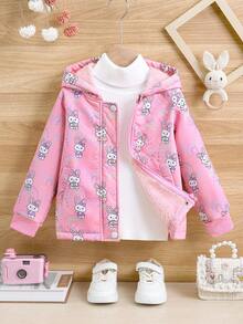 Elladie kids 年轻女孩卡通兔子印花连帽羊毛夹克，适合休闲外出和度假，适合秋冬季 - 粉色 - 查看 3
