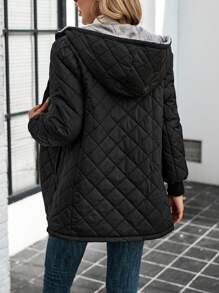 SHEIN LUNE 纹理绗缝面料，保暖内衬，女式连帽保暖加厚外套，秋冬季 - 黑色 - 查看 2