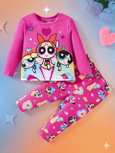 THE POWERPUFF GIRLS X SHEIN Baby Girl Casual Cartoon Print Pink Long Sleeve T-Shirt And Comfortable Leggings Set