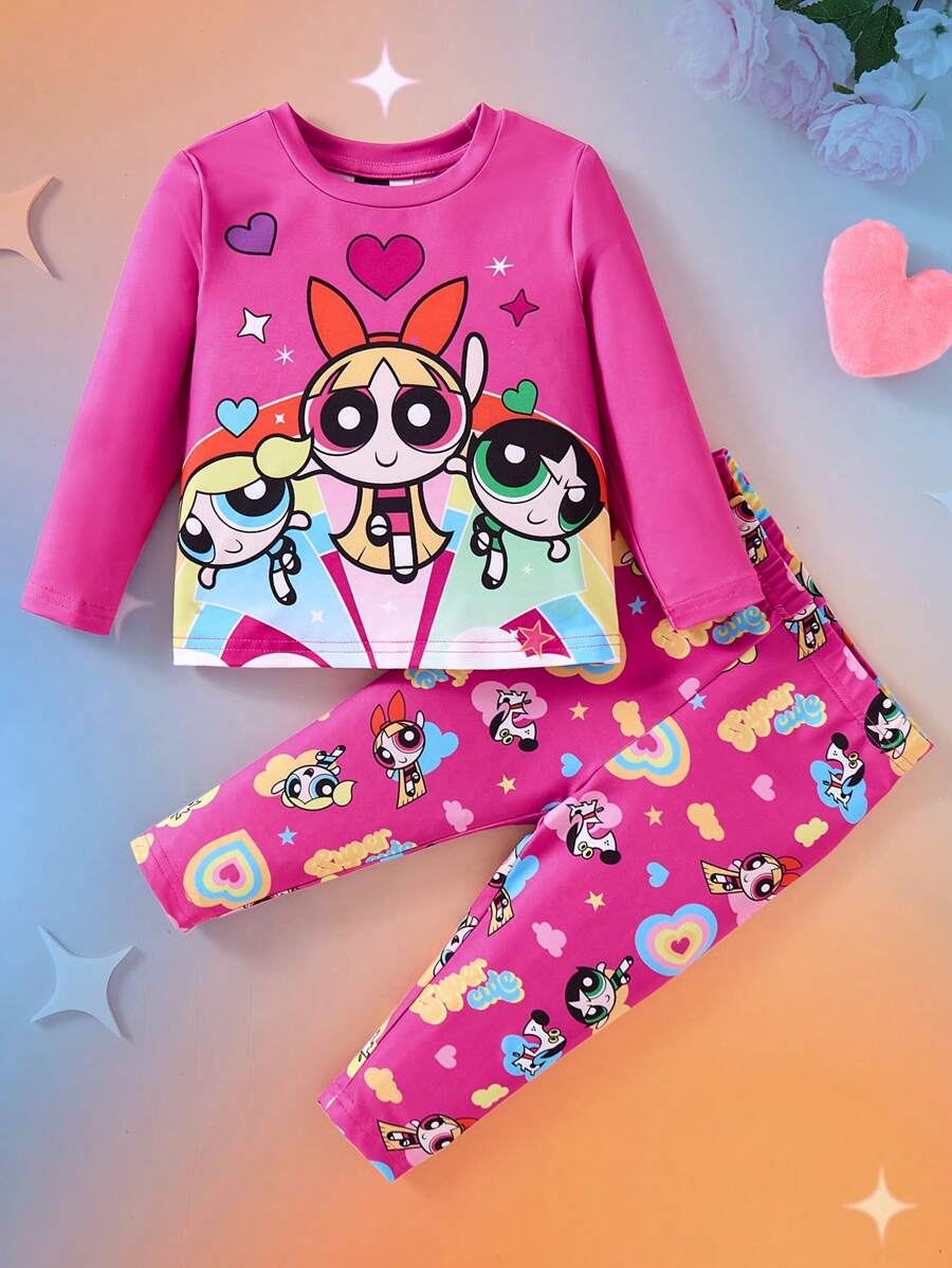 THE POWERPUFF GIRLS X SHEIN Baby Girl Casual Cartoon Print Pink Long Sleeve T-Shirt And Comfortable Leggings Set - Hot Pink - View 1