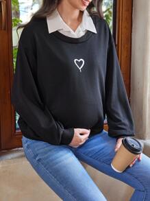 SHEIN 孕妇休闲 Polo 领长袖心形图案常规孕妇运动衫，适合冬季 - 黑與白 - 查看 5