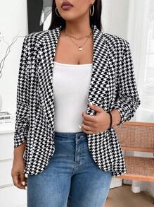 SHEIN LUNE Große Größen Herbstbekleidung Damen Frühling Herbst Hahnentrittmuster gerüschter 3/4 Ärmel eleganter Blazer Herbst Oberteile & Herbst Damenbekleidung Winterbekleidung Business Lässig Arbeits Blazer Business Blazer