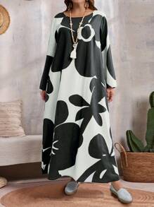 EMERY ROSE Vestido largo recto holgado de manga larga con cuello redondo y estampado floral para mujer talla grande, ropa de otoño - Multicolor - Ver 4
