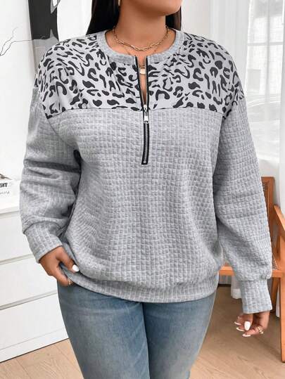 SHEIN LUNE Plus Size Women Leopard Print Zipper Hoodie With Half Placket, Fall Winter/Fall Women/Fall Tops Travel Outfit Airport Graduation,Back To School Outfits,Graduation,Teacher Outfits For Women,Back To School Autumn