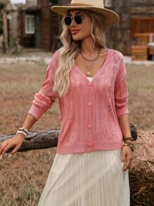 SHEIN VCAY Solid Color Button Down Long Sleeve Hollow Out Top, Casual Everyday Wear,Fall Women Clothes,Fall Women Cardigan