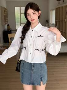 DAZY Women's Turndown Collar Front Button Butterfly Decor Simple Casual Shirt,Ruffle - White - View 4