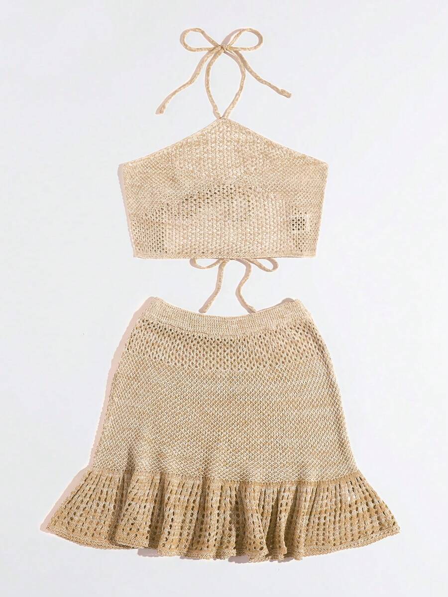 Swim Mod 纯色露背吊带上衣和荷叶边下摆短裙针织度假罩衫两件套 - 杏色 - 查看 1