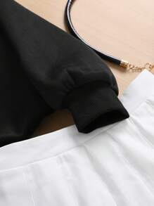 2 piezas/Set Sudadera negra con gráfico de estrella y falda plisada blanca para niña adolescente, conjunto informal - Blanco y Negro - Ver 5