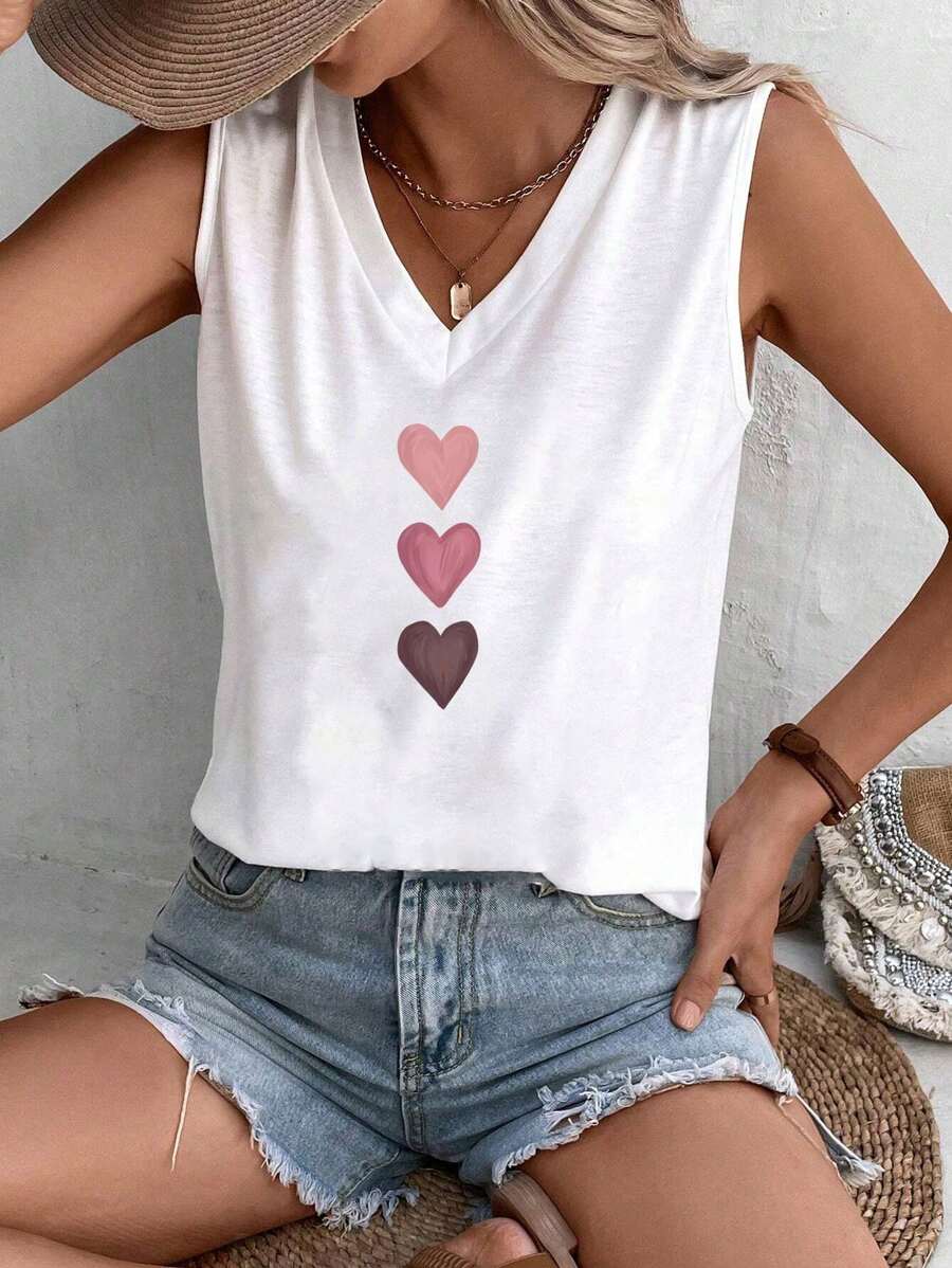 EMERY ROSE Casual Heart Pattern V-Neck Regular Fit Women Tank Top, Suitable For Summer Spring - White - View 1