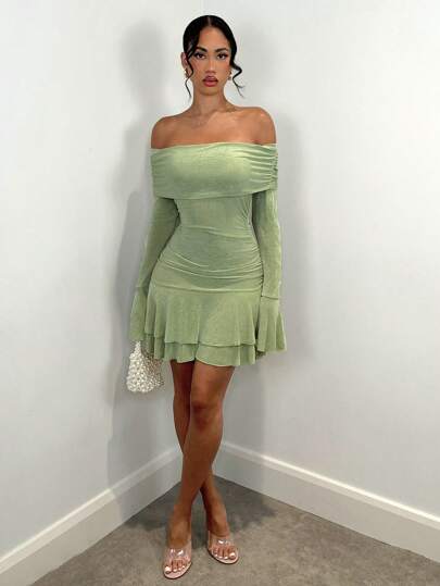 SHEIN BAE 女士露肩喇叭袖荷叶边下摆连衣裙，秋季女士连衣裙