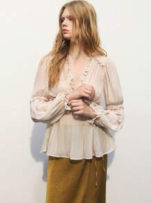 Maija Áo cánh nữ cổ chữ V xếp nếp Bohemian màu mơ, thích hợp cho bãi biển, ngày lễ, ngày lễ Thánh Patrick, lễ Phục sinh, lễ hội mùa xuân, lễ hội âm nhạc - Màu be - Xem 5