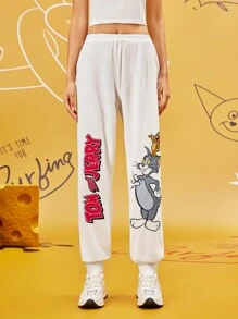 TOM & JERRY X SHEIN Women's Casual Cartoon & Letter Print Elastic Waist Jogger Sweatpants FALL Trousers White - White - View 5