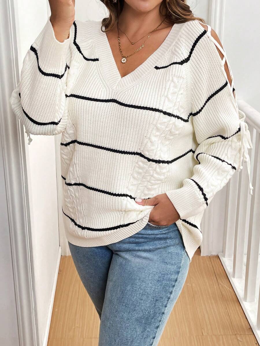 SHEIN Clasi Plus Size Black And White Striped Autumn Smart Casual Everyday V-Neck Sweater,Winter Holiday Pullover With Hollow Out Sleeve And Tie Design For Work - Black and White - View 1