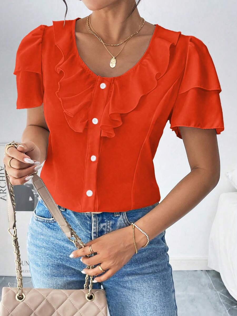 Chiquease Women's Solid Color Front Button Ruffle Trim Casual Short Sleeve Blouse - Orange - View 1