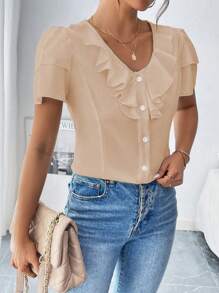 Chiquease Blusa casual con botones frontales, plisados y ribete de volantes de unicolor para mujer - Albaricoque - Ver 5