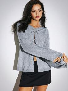 Poéselle 蝴蝶结开衫，前系带针织开衫，宽松开衫，秋季毛衣，外出上衣，羊绒衫 - 淺灰色 - 查看 1