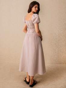 SHEIN Frenchy Vestido largo con estampado de cuadros, cordones y encaje, mangas abullonadas, escote de corazón, elegante y dulce, vestido de estilo Cottagecore, vestido Glow Mode, vestido de otoño, vestido elegante, vestido estilo Bridgerton, ropa bohemia de mujer - Caqui - Ver 5