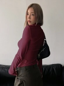 DAZY Camiseta de manga larga de cuello alto minimalista de unicolor casual para mujer