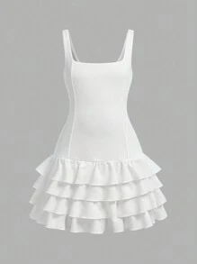 SHEIN Leap Crew Robe de gâteau à couches blanche pour préadolescentes, robe de cérémonie de remise des diplômes à col carré sans manches - Blanc - Voir 1