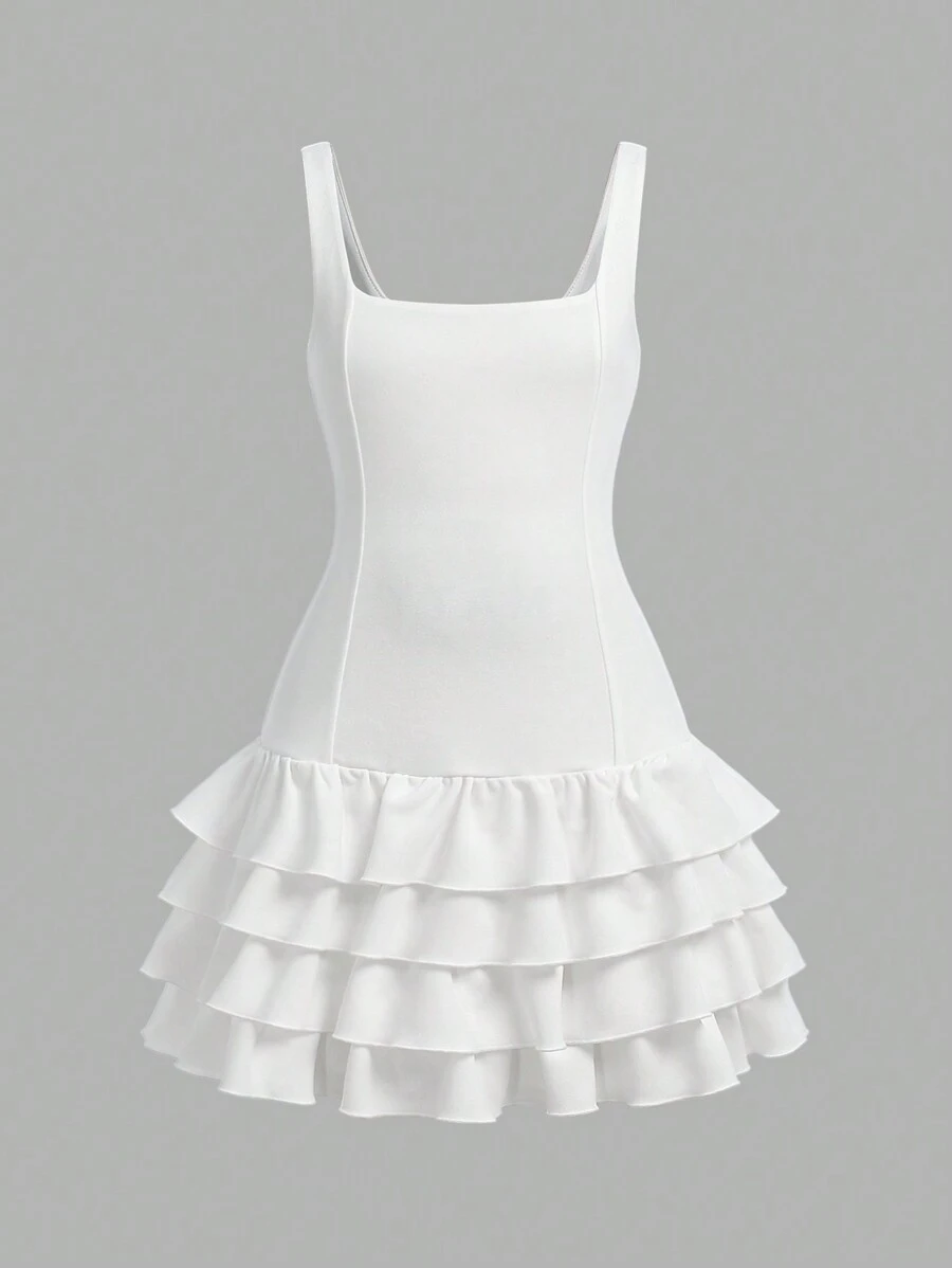 SHEIN Leap Crew Robe de gâteau à couches blanche pour préadolescentes, robe de cérémonie de remise des diplômes à col carré sans manches - Blanc - Voir 1