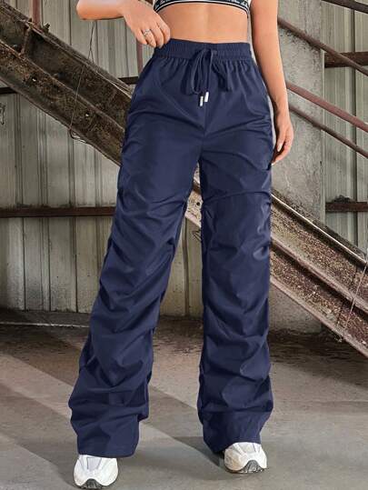SHEIN EZwear Women's Fall Blokecore Casual Side Drawstring Waist Parachute Cargo Blue Pants