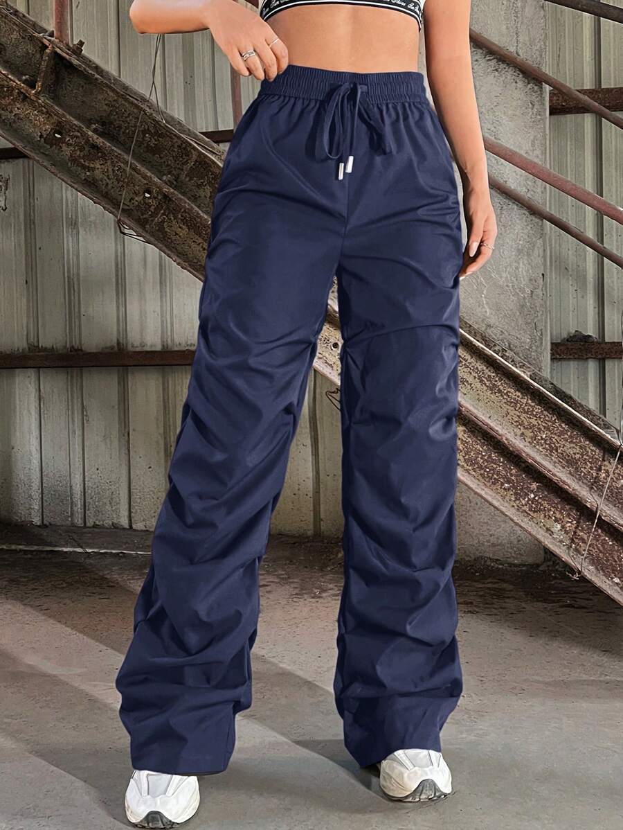 SHEIN EZwear 女式秋季 Blokecore 休闲侧抽绳腰部降落伞工装裤蓝色 - 藏蓝色 - 查看 1