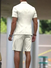 Manfinity Mode Men's Summer Casual Commuting Short Sleeve Blazer & Shorts Suit, Solid Clothes - Beige - View 2