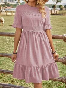 EMERY ROSE Vacation Leisure Solid Color Lace Contrast Dress