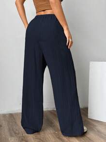 SHEIN EZwear Pantalones anchos de pernera ancha tejidos de color azul marino para mujeres - Azul Marino - Ver 2