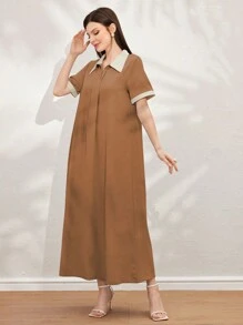 Al Najma 女式拼色马球领短袖连衣裙 - 棕色 - 查看 3