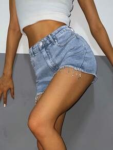 Women's Casual Denim Shorts With Pockets, Rhinestone Decor And Tassel Hem - Blue - View 6