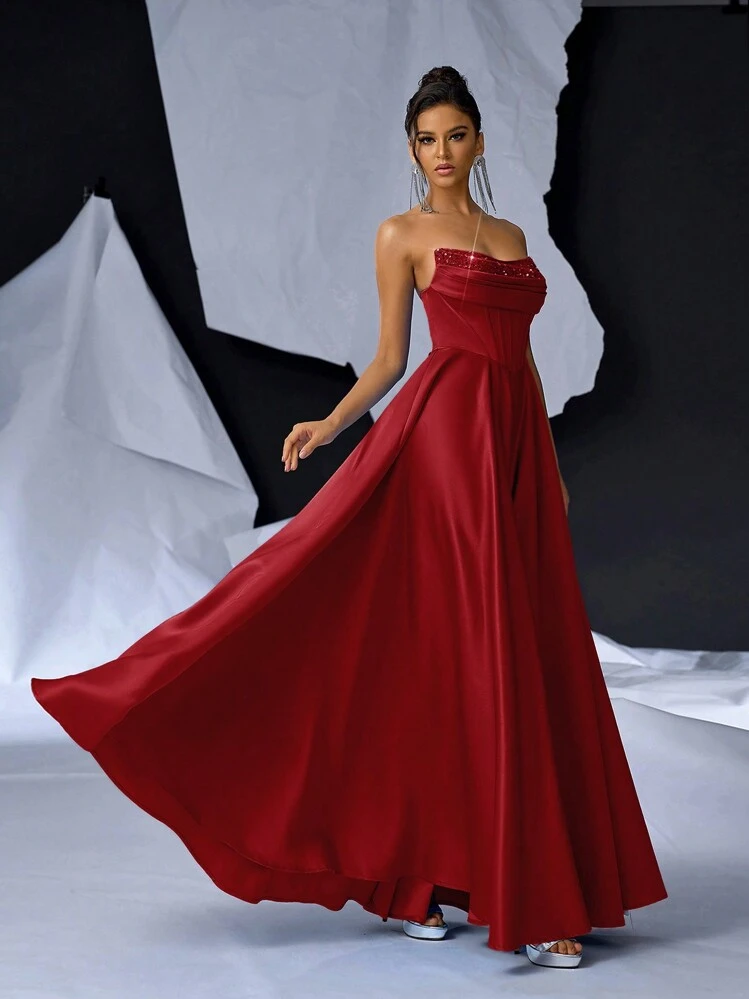 Glamrae Elegant High-End Luxurious Sexy Sequins Satin Patchwork Maxi Formal Dress Ball Gown, Prom Evening Dress, For Wedding Guest, Graduation, Dinner Party Dress - Red - View 7