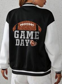 INAWLY Casual Leisure Olive Baseball Jacket With Football Graphic - Black and White - View 1