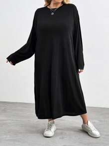 SHEIN CURVE+ Curve Plus Size Drop Shoulder Split Thigh Tee Dress,Fall Outfits,Fall Dresses,Fall Women Clothes