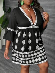 Slaydiva Robe mini grande taille pour femmes avec col en V, manches 3/4, volants à l'ourlet, coupe décontractée, imprimé géométrique, pour vacances, sexy et décontracté, printemps et été