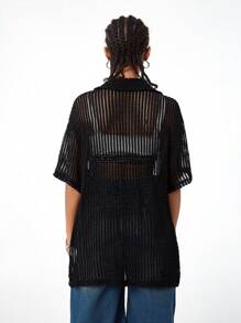 SHEIN EZwear 女式夏季休闲纹理面料短袖衬衫 - 黑色 - 查看 2