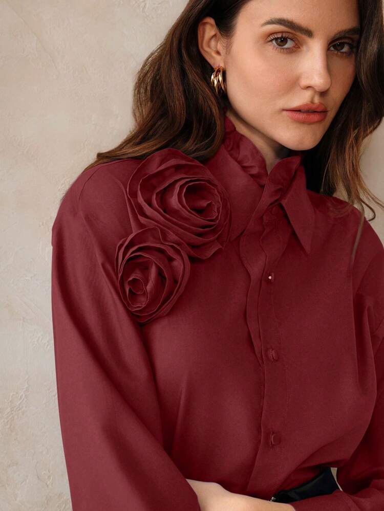 Women's Casual  Blouse Shirt With 3D Floral Decor