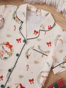 圣诞印花翻领短袖短裤泡泡雪纺睡衣套装 - 彩色 - 查看 6
