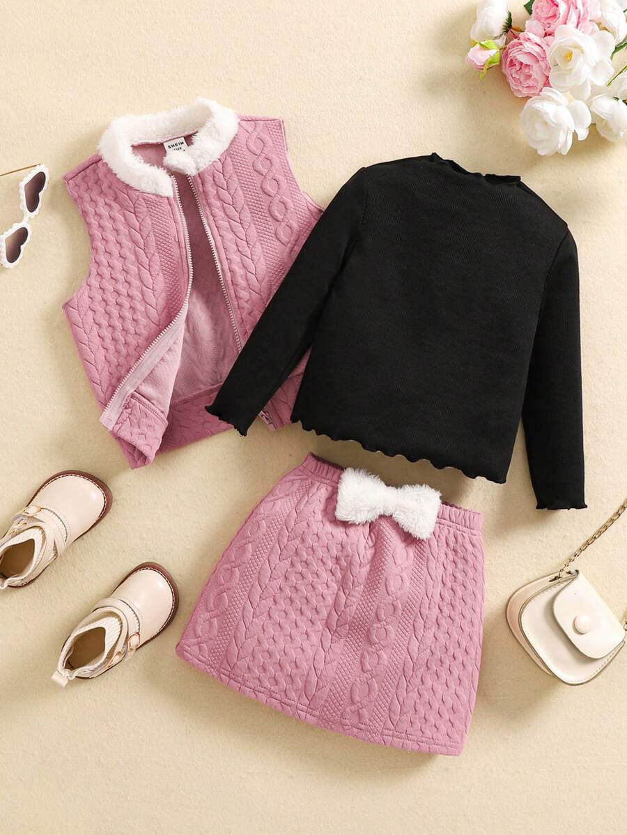 SHEIN 3 件套女婴秋冬可爱拼色背心夹克、蝴蝶结裙和汗衫套装