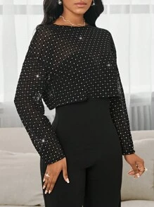 SHEIN Lady 女士植绒水钻网眼镂空长袖圆领落肩透明不透明衬衫 - 黑色 - 查看 4