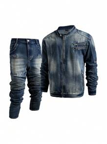 Manfinity Roughcore Plus Size Men Navy Zip-Up Denim Long Sleeve Shirt And Ruched Pocketed Denim Pants Motorcycle Suit - Dark Wash - View 1