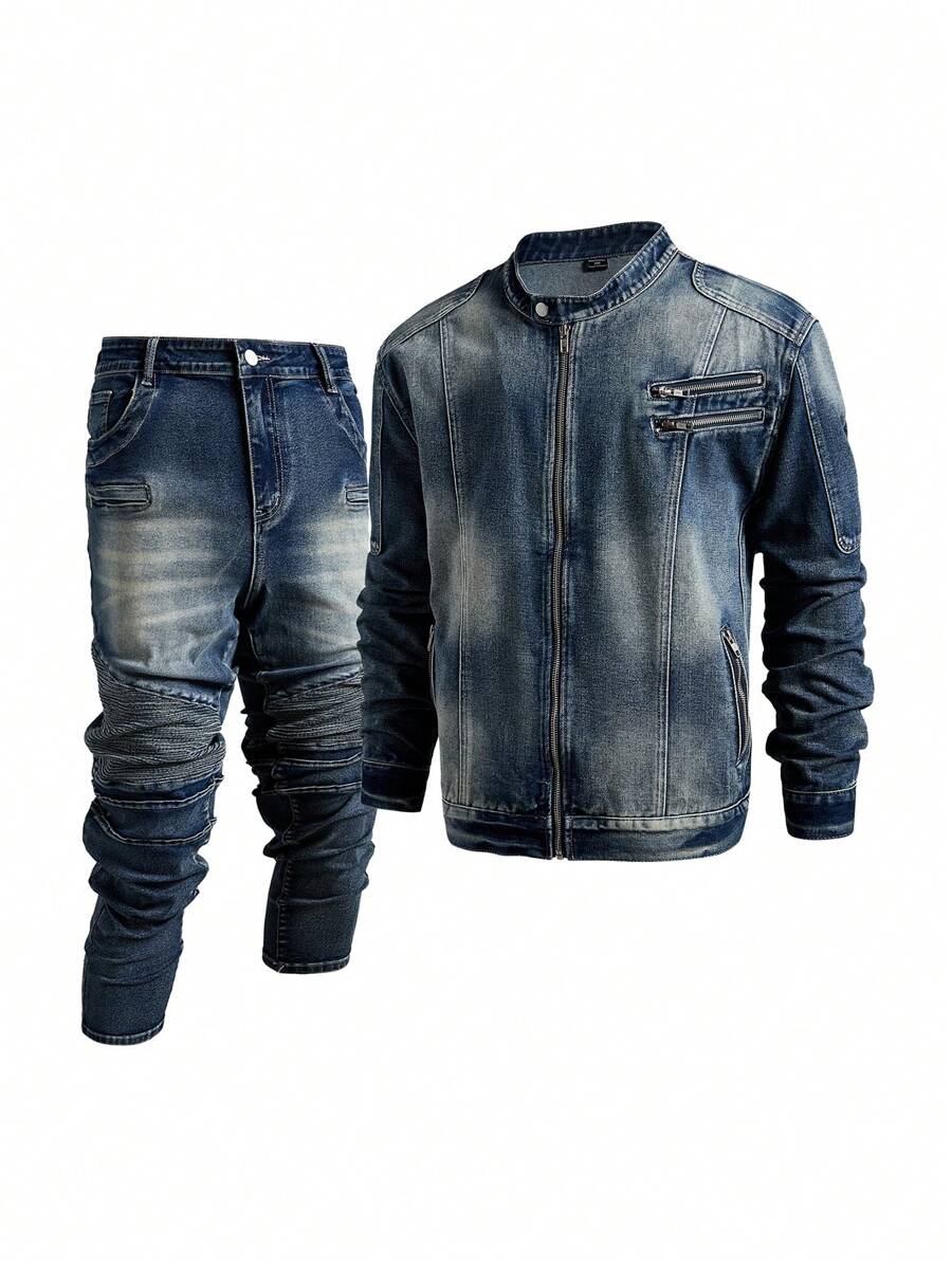 Manfinity Roughcore Plus Size Men Navy Zip-Up Denim Long Sleeve Shirt And Ruched Pocketed Denim Pants Motorcycle Suit - Dark Wash - View 1