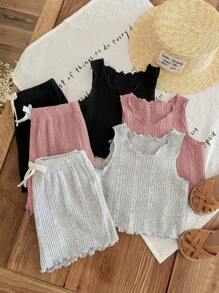 SHEIN LMoss Kids Conjunto de 6 piezas LMoss de top sin mangas acanalado de unicolor y shorts para niña bebé - Rosa vieja - Ver 5