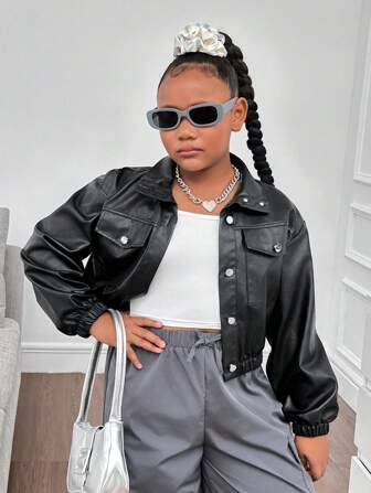 SHEIN Tween Girls Extended Size omkeerbaar geruit fleece jack met lange mouwen, casual dagelijkse kleding
