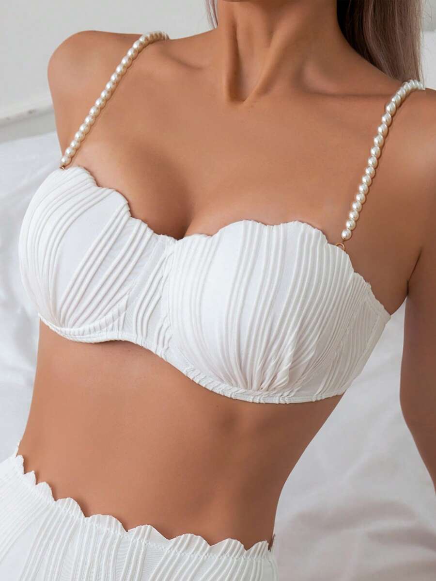 1 件装女士纯色仿珍珠装饰弧形边缘时尚比基尼上衣夏季 - 白色 - 查看 1
