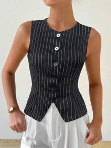SHEIN Clasi Women's Summer Sleeveless Striped Single-Breasted Casual Waistcoat - Black - View 3