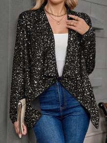 EMERY ROSE 女士春秋不对称亮片装饰长袖优雅常规夹克 - 黑色 - 查看 1