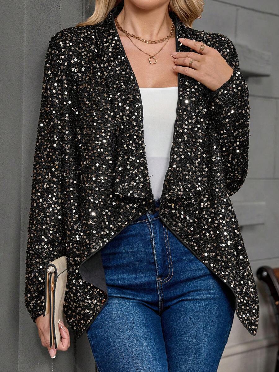 EMERY ROSE 女士春秋不对称亮片装饰长袖优雅常规夹克 - 黑色 - 查看 1