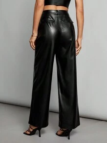 SHEIN Tall Black Date Night Solid PU Leather Straight Leg Pants - Black - View 3