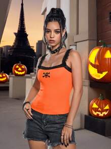 Studio Schimm Nghệ sĩ Halloween, Y2K, Thời trang đường phố, Áo ba lỗ cắt ngắn ôm vừa vặn viền ren tối màu dành cho nữ, Ngày lễ, Kỳ nghỉ, Mùa xuân, Bãi biển, Đi chơi, Lễ hội, Phù hợp với Ibiza, Trang phục phương Tây - trái cam - Xem 4